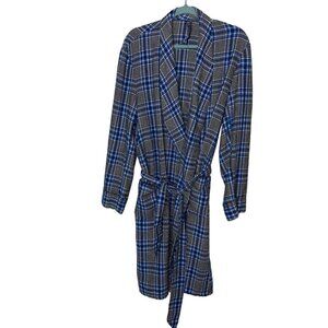 JC Penney Vintage Mens Robe Size Large Blue White Black Plaid Belted Pockets
